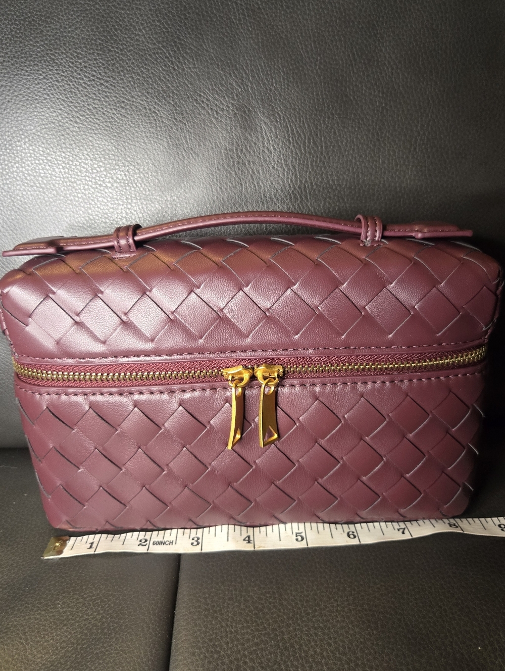 Woven Faux Leather Crossbody Bag - Burgundy